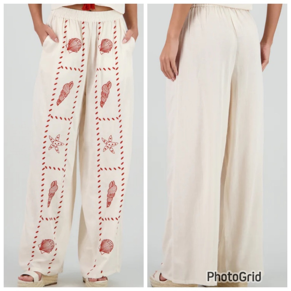 Boho Embroidered Coastal Shell Nautical Wide Leg Pants Small